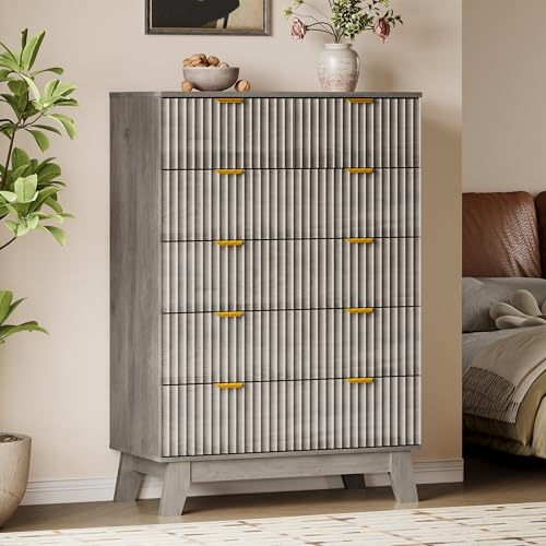 Image of BORNOON 46 inch Tall Dresser for Bedroom, 6-Drawer Fluted Chest of Drawers, Modern Wood Highboy with Deep Storage, Metal Slides and Handles, Anti-Tip Kit, Vertical Clothes Organizer for Apartment, Nursery