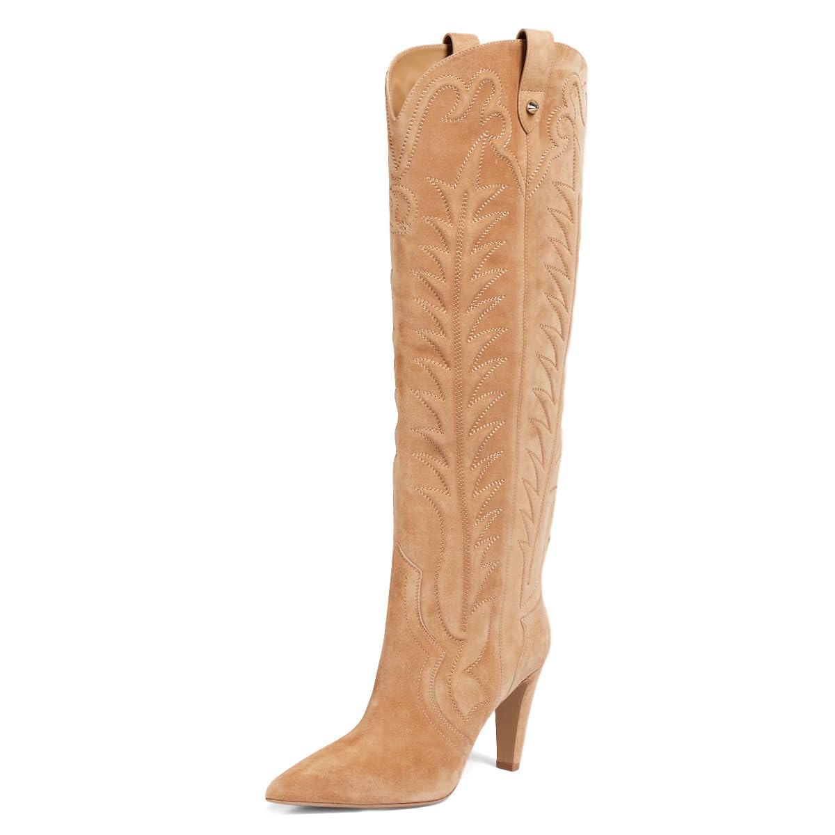 XYD Women Knee High Western Cowgirl Tall Boots Pointed Toe Stiletto Heel Pull On Retro Embroidery Country Vintage