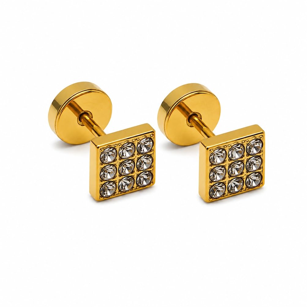 Pack of 2 Men Golden Square Ear Earrings & Studs with Sparkling Stones, Durable Gold Finish for Boys & Men-image-40