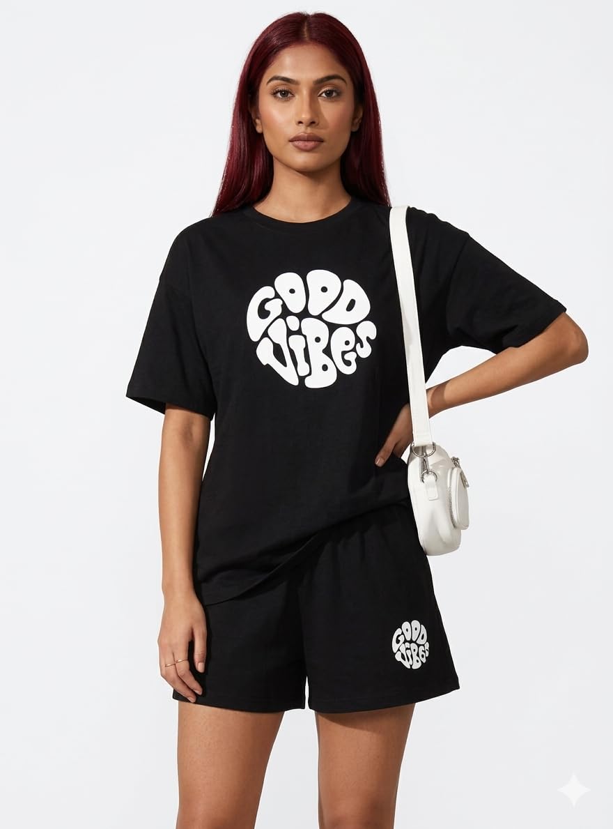 Women Cotton Co-ord Set, Good Vibes Print, Loose Fit Oversized T-Shirt with Shorts, Casual Lounge Nightwear, Black-picture-43