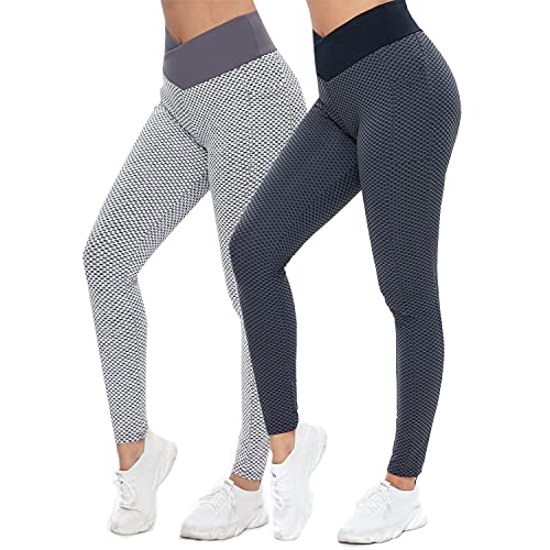 BATHRINS Leggings para mujer, cintura alta con bolsillos, anticelulitis, leggings deportivos para mujer, largos, con control de abdomen., 2 unidades (negro + gris), XL