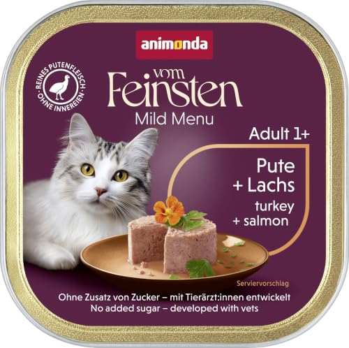animonda vom Feinsten Mildes Menü Pute + Lachs (32 x 100g), getreidefreies Katzenfutter nass ohne Zucker, leicht verdauliches Katzenfutter mit Putenfleisch