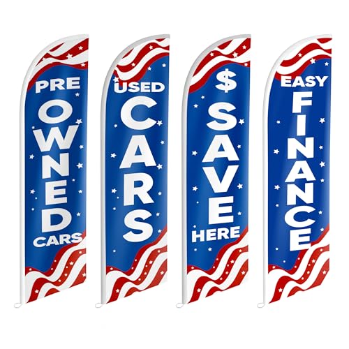 Used Cars Feather Flag - Pre Owned Second Hand Cars, Easy Finance Advertising Flags - Sale Banner for Car Dealership Supplies Set of 4 Feather Banner for Business 12ft x 2.5ft (Pole not included)