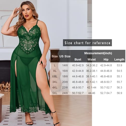 Image of Avidlove Plus Size Lingerie for Curvy Women Long Lace Babydoll Nightdress | V neck sheer mesh nightgown,g-string included,high side slits,adjustable straps,curve-flattering fit,maternity photoshoot