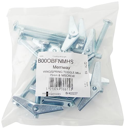 Merriway BH02227 (10 Pcs) Wing Spring Toggle with Machine Screw for Hollow Wall Plasterboard, M6 x 75 mm (3 Inch x 1/4 Inch) - Pack of 10 Pieces