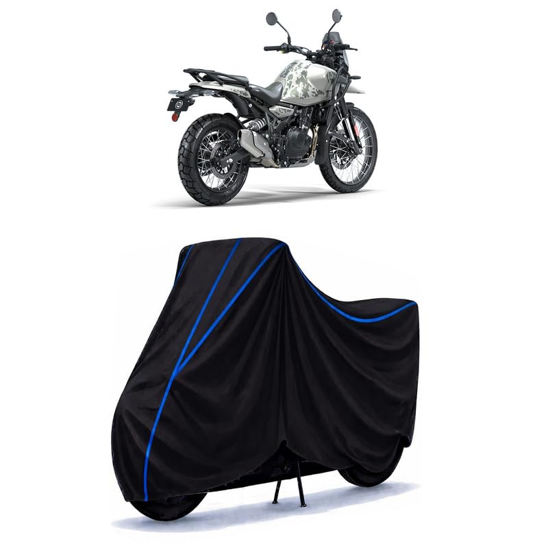 Image of Himalayan 450 Base Bike Cover Water Resistant Universal Motorcycle Rain | Heavy Duty UV Protection, Dust, Scratch Indoor Outdoor All Weather with Black Blue Piping Elastic