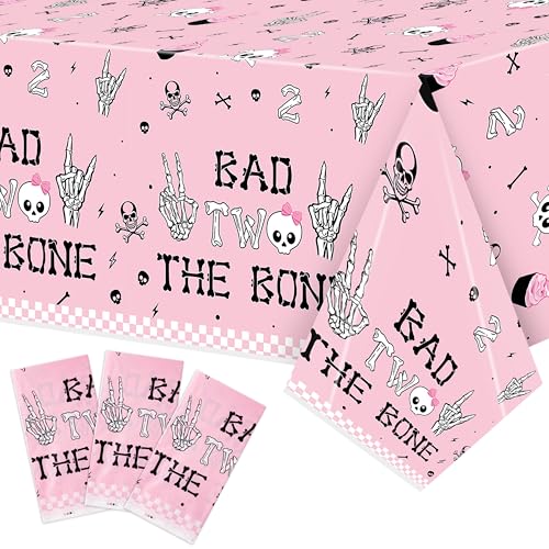 Image of K1tpde 3PCS Bad Two The Bone Party Tablecloth for Girls, Music Themed 2nd Pink Plastic Tablecloth, Rock and Roll 2nd Disposable Table Covers for Birthday Decoration, Bad To The Skeleton Party Supplies