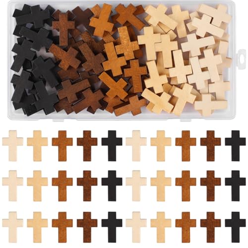 Phinus Small Wooden Crosses 70 PCS 5 Colors Mini Crosses with Holes Pocket Prayer Wooden Small Crosses for Easter Eggs Fillers Keychains Christian Gifts Jewelry Making and DIY Crafts