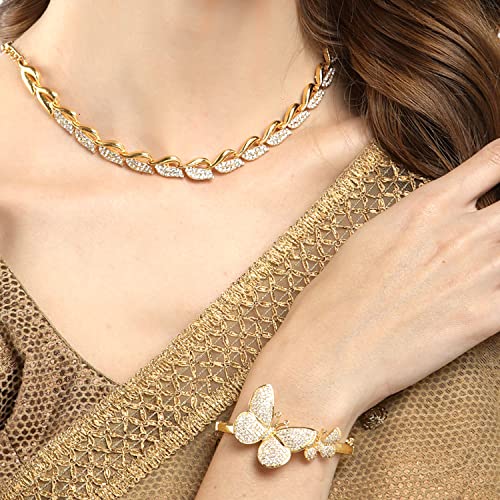 American Diamond Leaf Necklace Set With Bracelet (Golden)