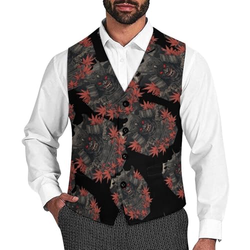 Fall Leaves Armors-Masks-Japanese Men's Suit Vests Business Formal Dress Vest V-Neck Waistcoat for Wedding Casual
