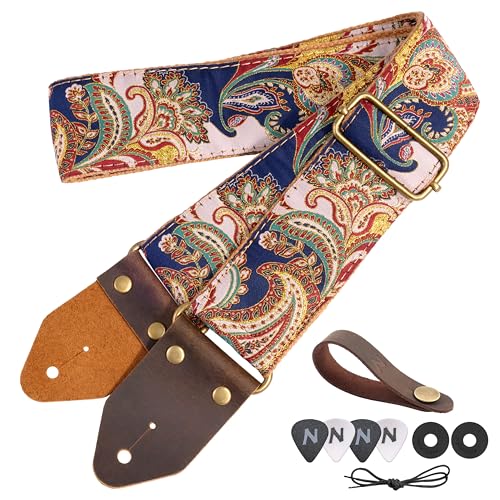 Image of Nefelibata Guitar Strap,Crazy Horse Leather Jacquard Embroidery Cotton Guitar Straps for Bass, Electric & Acoustic, Best Gifts for Guitarists(Golden Silk Dark Blue Flower)