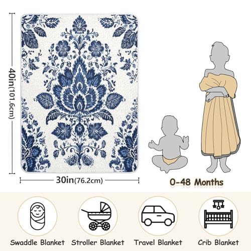 Kigai Blue White Flowers Baby Blanket for Boys Girls Swaddle Blankets Soft Cozy Receiving Blanket Nursery Crib Blankets for Toddler Newborn, 30 x 40 Inch3