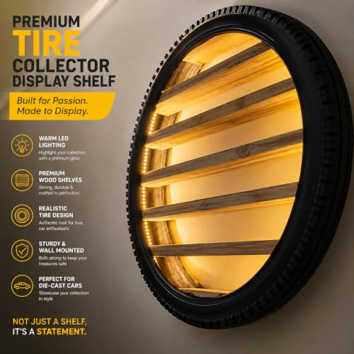 Image of Wall Mounted Tire Display Shelf with LED Lights for Kids Room | Wooden Circular Tyre Rack, Die-Cast Cars, Toy Car Organizer Storage, wall car, toy car storage organizer