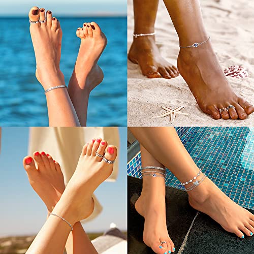 Sanfenly Anklets And Toe Ring Set For Women Silver Anklet Bracelets Open Adjustable Toe Ring Flower Wave Heart Tail Pinky Band Rings Summer Beach Foot Jewelry #TOP2