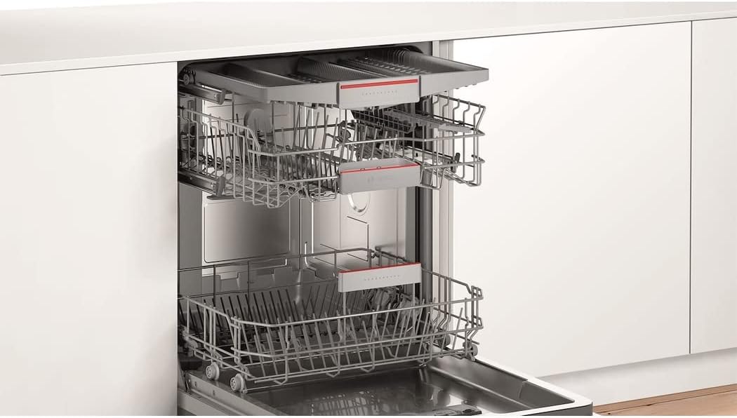 Interior view of Bosch dishwasher with upper and lower racks