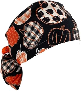 Ponytail Medical Scrub Cap - Orange, Black & White Patterned Pumpkins - Ponytail Hats, Unisex. Dr. Hats, Nurses Hats. Scrub Hat for Women & Men
