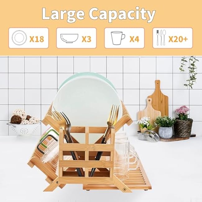 Bamboo Dish Drying Rack with Utensil Holder, 3 Tier Collapsible Dish Rack, Large Dish Racks for Kitchen Counter, Wooden Folding Dish Drainer with Dish Drying Mat (3 Tier (with Drying Mat))