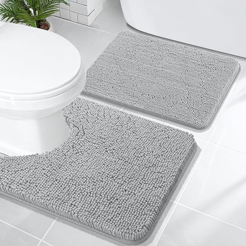 Image of OLANLY Bathroom Rugs Sets 2 Piece, Soft Absorbent Chenille Bath Mats and U-Shaped Contour Toilet Mat Area Rug Set, Machine Washable Bath Carpet, Home Decor Accessories(24 inchx16 inch+24 inchx20 inch, Light Grey)