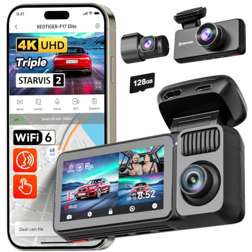 Image of REDTIGERS F17 Elite [2026 Edition] 4K 3 Channel Dash Cam, Triple STARVIS 2 Sensor(IMX678 /675 /662), 4K+2.5K+1080P, Full Night Color, 5.8GHz WiFi 6, GPS, HDR, Touch & Voice Control, 128GB Card Included
