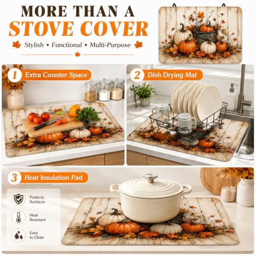 Image of Fall Pumpkin Stove Top Cover for Electric Stove 28 inchx 20 inch Wood Grain Background Heat Resistant Glass Top Stove Cover Protector, Glass Cooktop Covers, Kitchen Flat Stove Top Covers