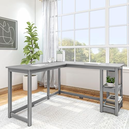 Plank+Beam L-Shaped Corner Desk with Shelves, Solid Wood Legs & Engineered Wood Top, Modern Computer Desk for Home Office, Grey Finish