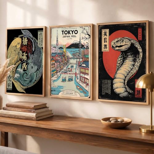 Image of kotart Aesthetic Japanese Nature and City View Wall Framed Posters | Japanese Nature and City View Framed Poster for Living Room Bedroom Gaming Room Studio Wall Decor Set Of 3 (10X13 inch)