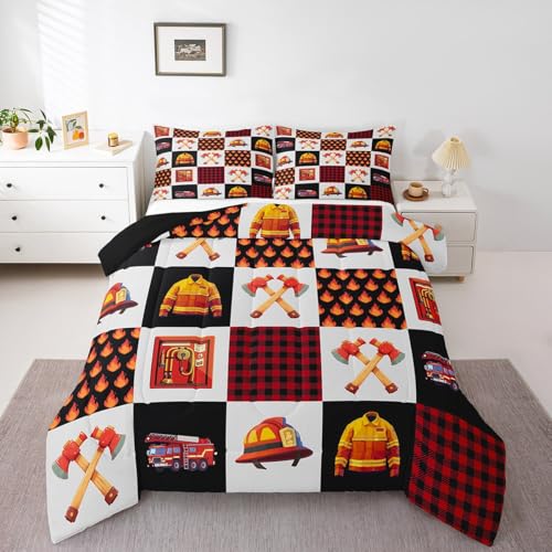 Juego de edredón infantil de bomberos para niños, tamaño individual, juego de ropa de cama acolchado con cuadrícula geométrica con 1 funda de almohada, ropa de cama ligera, suave y transpirable, 2