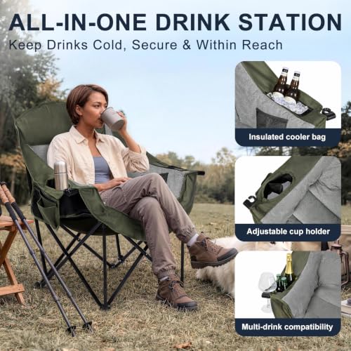Image of Oversized Camping Chairs for Adult - Heavy Duty Padded Portable Folding Chair XL Collapsible Camp Chair with Cup Holder Cooler Pockets for Outdoor Lawn Beach Sport Fishing Support 500LBS, Green Grey