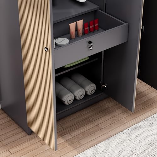 Image of Bniture Luxe 3 Door Wooden Wardrobe for Bedroom with Lockable Drawer & Hanging Space | Engineered Wood Almirah for Clothes with 3D Textured Panels | Wide Spacious Storage Cupboard | Grey & Giant Wood