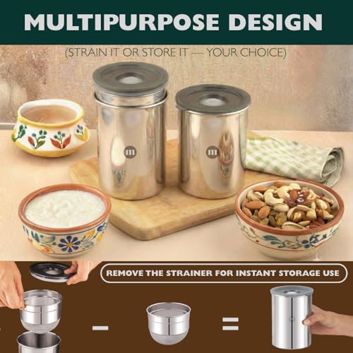 Image of Maru Stainless Steel Multipurpose Greek Yogurt and Hung Curd Maker 1000ml - BPA Plastic Free Durable Steel Oil /Food Strainer with Storage Container, for Making 200 gm Homemade Yoghurt