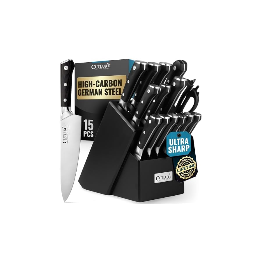 Cutluxe 15-Piece Knife Set – Premium Black Wood Block – Knife Set for Kitchen, Ultra Sharp High Carbon German Stainless Steel, Full Tang – Artisan Series