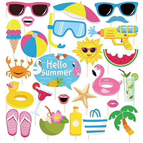 25Pcs Pool Photo Booth Props with Stick, Beach Summer Pool Party Decorations, Hawaiian Party Decorations Funny Selfie Photo Booth Props for Summer Hawaii Party Birthday
