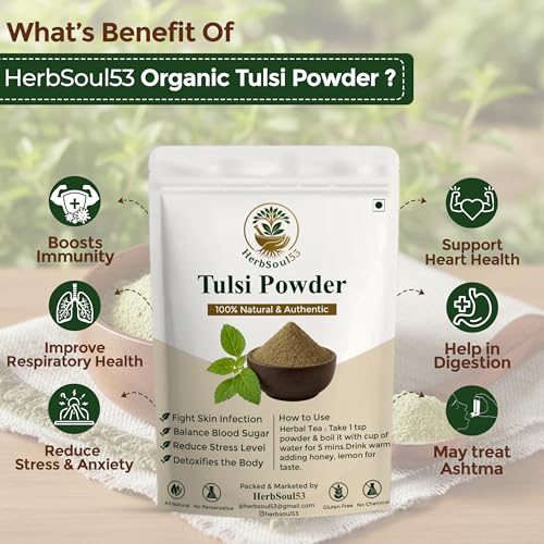 Image of Tulsi Leaf Powder 100 Gram Organic Holy Basil Powder For Health Skin & Hair | Supports Immunity, Digestion, Cold Cough Relief, Acne Care | Ayurvedic, Tulasi Leaf No Added Preservatives