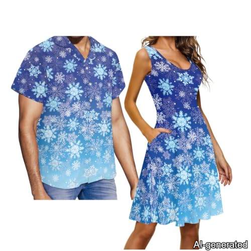 Image of Dreaweet Summer Dresses for Women A-Line Sleeveless Flowy Sun Dresses,Men's Casual Button-Down Shirts,Couple Matching Outfits