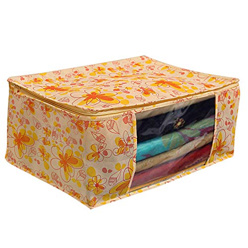 Image of Heart Home Red Flower 6 Piece Non Woven Saree Cover, Large, Yellow- CTHH21141
