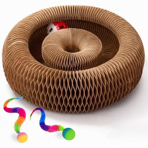 Kit Juguetes para Gatos Interactivo de cartón Tipo acordeón con 3 Pelotas Divertidas y Guia de Regalo | Juguete Gato Interior Que estimula Caza, Juego y Ejercicio | Accesorios para Gatos antiestrés