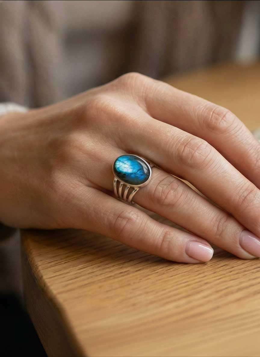 JEWELOPORIUM Boho Handmade Jewelry Chunky Natural Gemstone Labradorite, Carnelian, Rose Quartz, Crystal Oval 925 Sterling Silver Plated Ring For Women