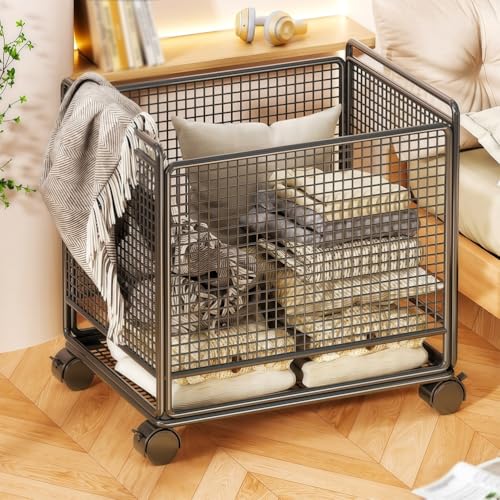 BESTXH Laundry Basket with Wheels, Multifunctional Household Dirty Clothes Storage Cart, Heavy Duty Iron Mesh Organizer, for Laundry Room Bedroom Kitchen, Easy to Move,Black,32 * 25 * 32cm