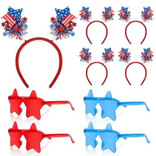 8 Pcs Patriotic Party Accessories USA Flag Headband Star Sunglasses Patriotic Headbands and Sunglasses Set for 4th of July Independence Day Memorial Day Party Favors