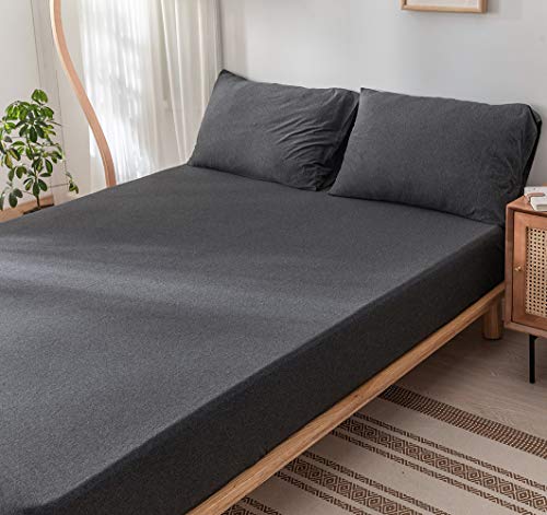 Doneus 100% Jersey Knit Sheet Set Solid Dark Gray Fitted Sheet Queen Size 3 Piece With 2 Pillowcases, Ultra Soft Breathable Fitted Bottom Sheet With 15" Deep Pocket Bed Sheet #TOP1