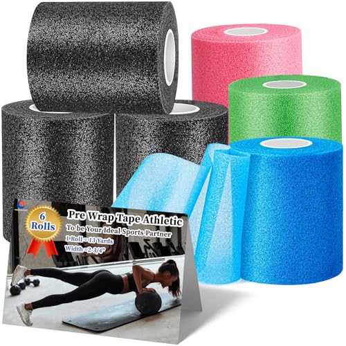 UNBEATABLE ENERGY Pre Wrap for Hair Soccer- 6 Rolls 78yd (234'), Multi Color Athletic Prewrap Tape Headbands, Foam Sport Underwrap Pre-Wrap - Black, Pink, Blue, Green