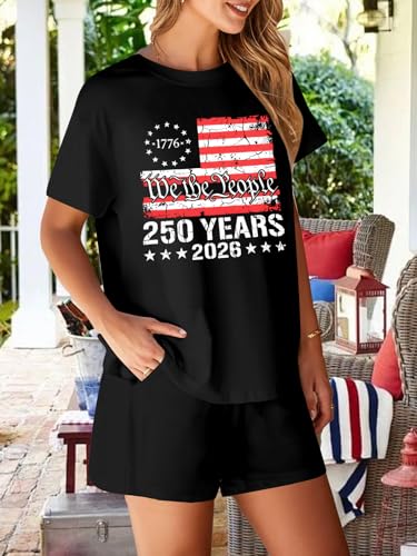 Image of VILOVE 4th of July 2 Piece Sequin Outfits Women 250 Anniversary Usa Shirts and Short Sets Casual Patriotic Shirt Summer Set