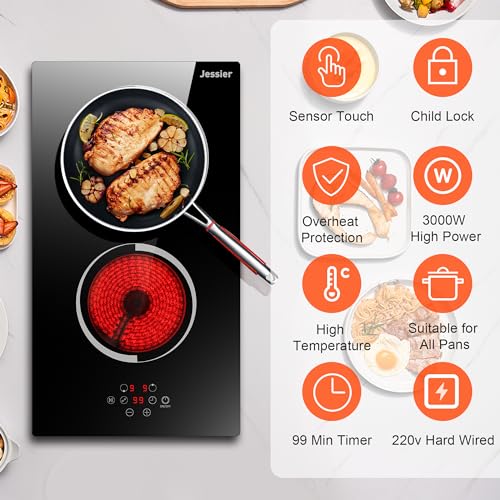 Image of 2 Burner Electric Cooktop - 12 Inch 3000W Built-in Ceramic Cooktop, Two Burner Electric Stove Top with Metal Frame Protection, 9 Heating Level, 220-240V Hard Wire(No Plug)