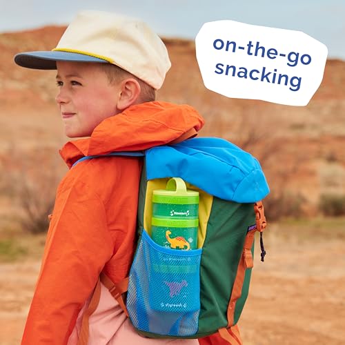 Image of Whiskware Dinosaur Stackable Snack Containers for Kids and Toddlers, 3 Stackable Snack Cups for School and Travel, Green /Blue