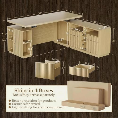 Image of 70 Inches L Shaped Executive Standing Desk, Electric Height Adjustable Desk with File Cabinet, Computer Corner Table with AC /USB and Privacy Panel for Home and Office, Light Walnut