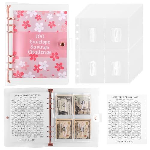 JIANTA 100 Envelope Saving Challenge, A5 Budgetplaner mit Tracker, 100 Umschläge Spar Challenge, Sparbuch für Geld Sparen mit Check-Liste & Pre-numbered Umschläge - Rosa