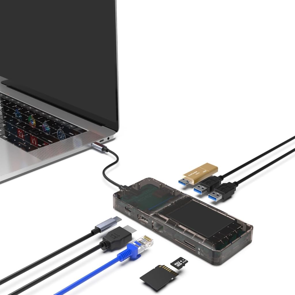 LCDスクリーンインターフェイスを備えた高度なUSB Cハブ8インチアダプター4K UHD出力100W高速充電ギガビットイーサネット