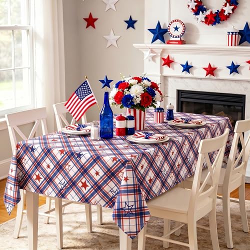 DWCN Holiday 4th of July Tablecloth - 60 x 120 Inches Table Cover for Independence Day Picnic Party, Water Stain Resistant American Plaid Star Patterned Washable Table Cloth, White and Blue Star by DWCN - Used condition - Image 2