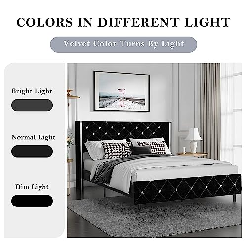 4 Ever Winner Queen Size Bed Frame With Headboard, Black Velvet Bed Frame Queen With Diamond Headboard And Wingback, Solid Wood Slats Support/Easy Assembly/No Box Spring Needed, Queen Size Bed Frames #TOP5