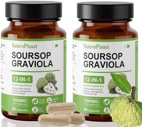 NaturePlanet Soursop Graviola Capsules with Black Seed Oil, Sea Moss, Ashwagandha, Turmeric & Moringa丨12 in 1 Herbal Formula丨Immune Support & Gut health丨Gluten-Free, Non GMO, Vegan (180 Capsules)